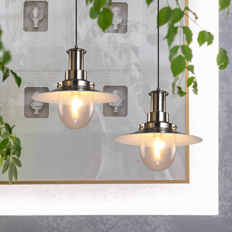 Nautical Flat Shade Pendant Lamp in Nickel/Copper Finish - Glass Shade, 1 Bulb Metallic Lighting for Bars