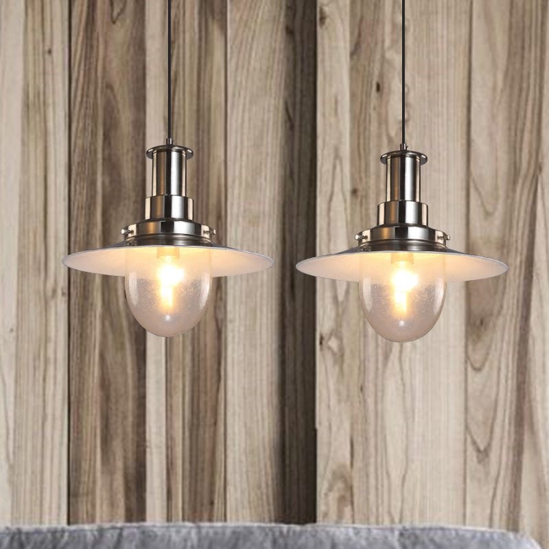 Nautical Flat Shade Pendant Lamp in Nickel/Copper Finish - Glass Shade, 1 Bulb Metallic Lighting for Bars