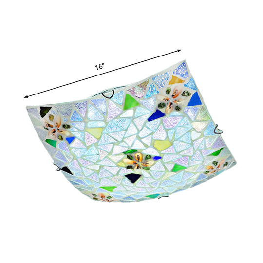 Tiffany Stained Glass Flush Light with Blue/White Convex Design - Perfect for Living Room (12"/16" Width)