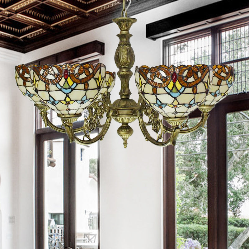 Baroque Peacock Tail Chandelier with 6 Vintage Stained Glass Pendants in Antique Bronze