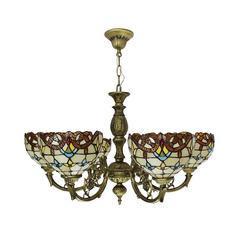 Baroque Peacock Tail Chandelier with 6 Vintage Stained Glass Pendants in Antique Bronze