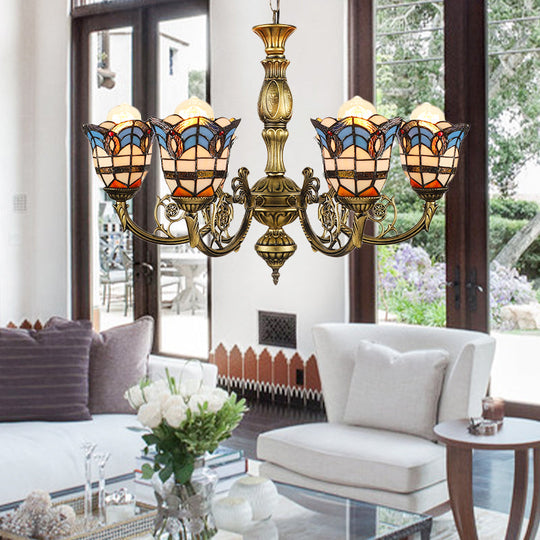 Baroque Peacock Tail Chandelier with 6 Vintage Stained Glass Pendants in Antique Bronze