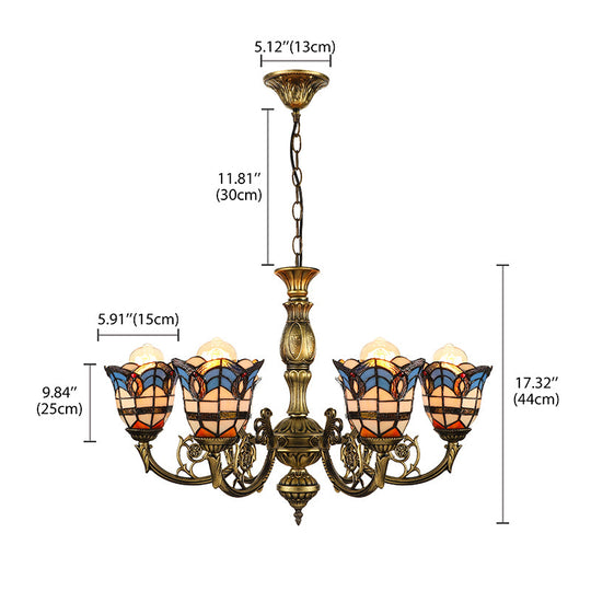Baroque Peacock Tail Chandelier with 6 Vintage Stained Glass Pendants in Antique Bronze