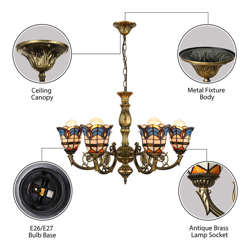 Baroque Peacock Tail Chandelier with 6 Vintage Stained Glass Pendants in Antique Bronze