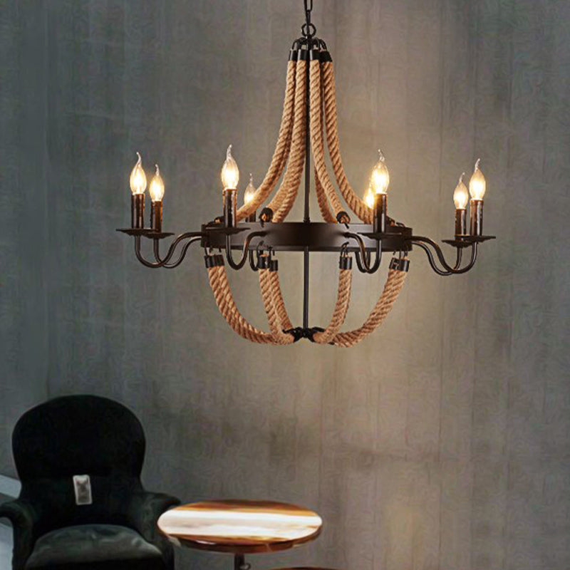 Metal Empire Chandelier - Lodge Style Pendant Lighting for Living Room with Rope Detail, 6/8 Lights, Black