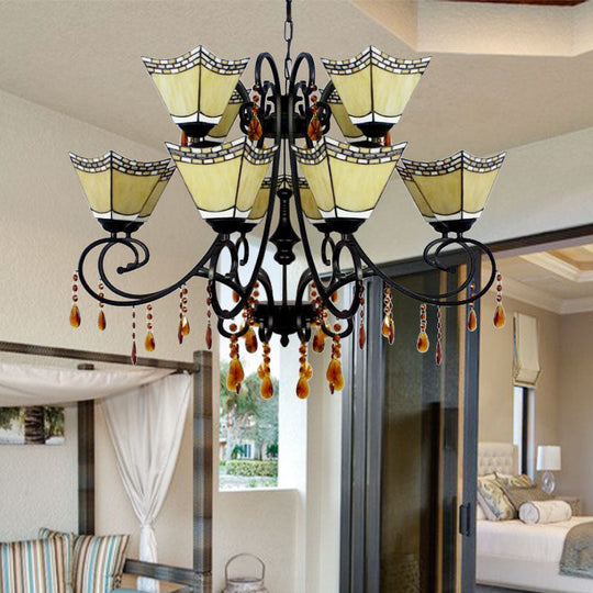 Geometric Chandelier Light Lodge - Stained Glass 12 Lights Crystal Accents Yellow/Blue/Sky Blue