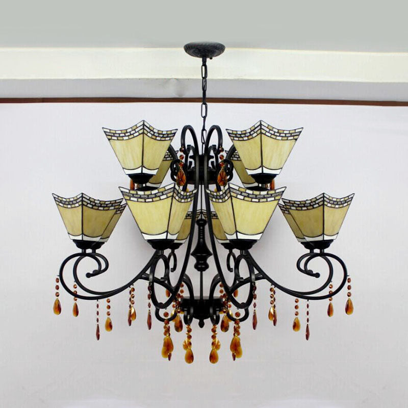 Geometric Stained Glass Chandelier with 12 Hanging Lights and Crystal Accent in Yellow/Blue/Sky Blue