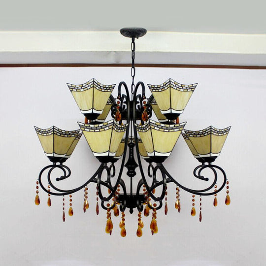 Geometric Stained Glass Chandelier with 12 Hanging Lights and Crystal Accent in Yellow/Blue/Sky Blue