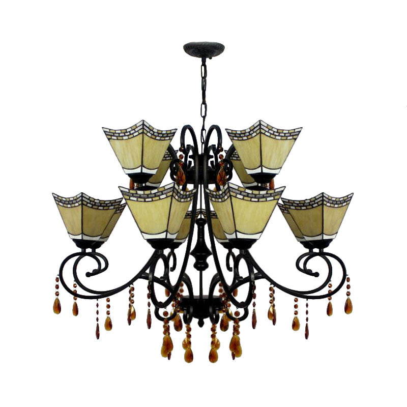 Geometric Stained Glass Chandelier with 12 Hanging Lights and Crystal Accent in Yellow/Blue/Sky Blue