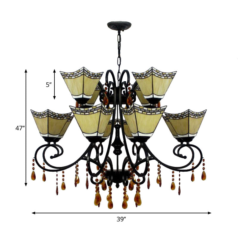 Geometric Chandelier Light Lodge - Stained Glass 12 Lights Crystal Accents Yellow/Blue/Sky Blue
