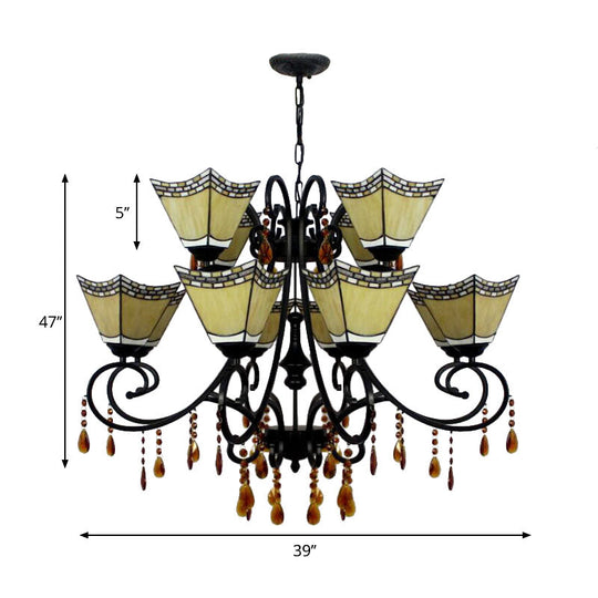 Geometric Chandelier Light Lodge - Stained Glass 12 Lights Crystal Accents Yellow/Blue/Sky Blue