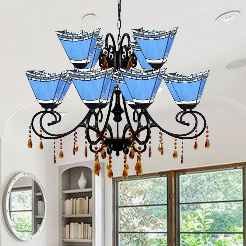 Geometric Stained Glass Chandelier with 12 Hanging Lights and Crystal Accent in Yellow/Blue/Sky Blue