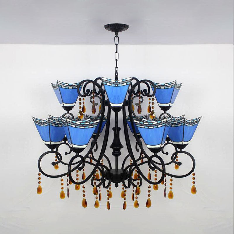 Geometric Stained Glass Chandelier with 12 Hanging Lights and Crystal Accent in Yellow/Blue/Sky Blue