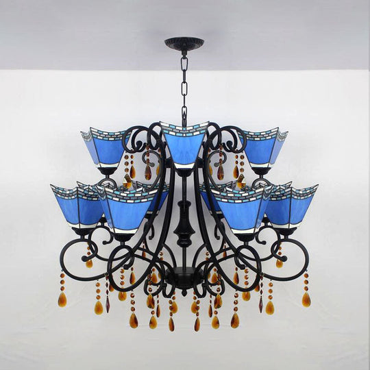 Geometric Stained Glass Chandelier with 12 Hanging Lights and Crystal Accent in Yellow/Blue/Sky Blue