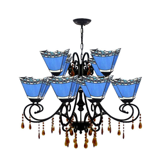 Geometric Stained Glass Chandelier with 12 Hanging Lights and Crystal Accent in Yellow/Blue/Sky Blue