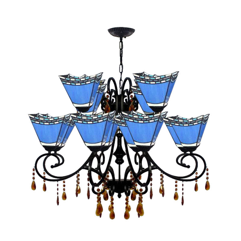 Geometric Chandelier Light Lodge - Stained Glass 12 Lights Crystal Accents Yellow/Blue/Sky Blue