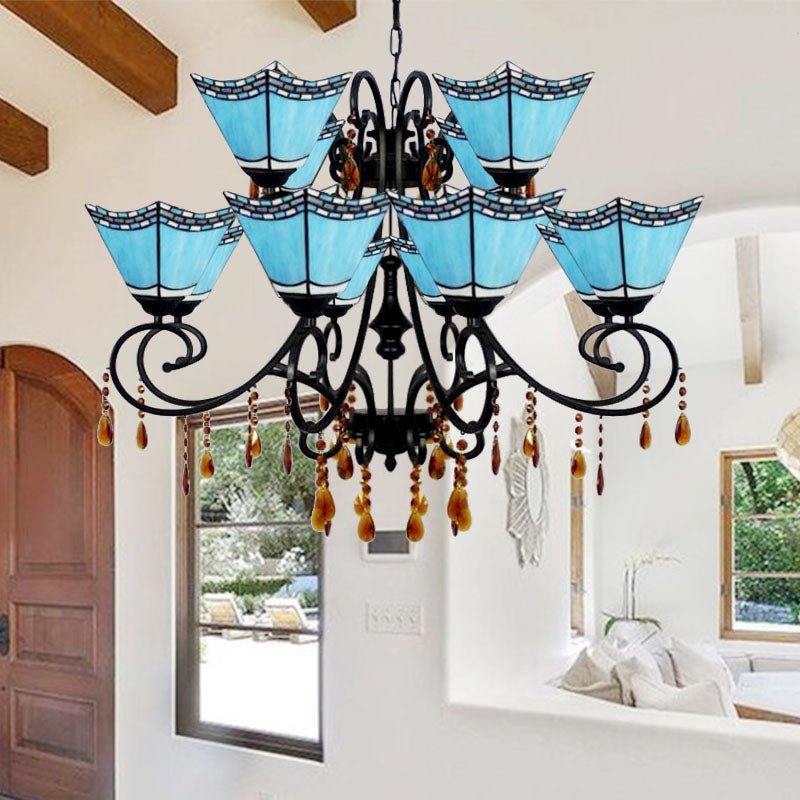 Geometric Chandelier Light Lodge - Stained Glass 12 Lights Crystal Accents Yellow/Blue/Sky Blue Sky