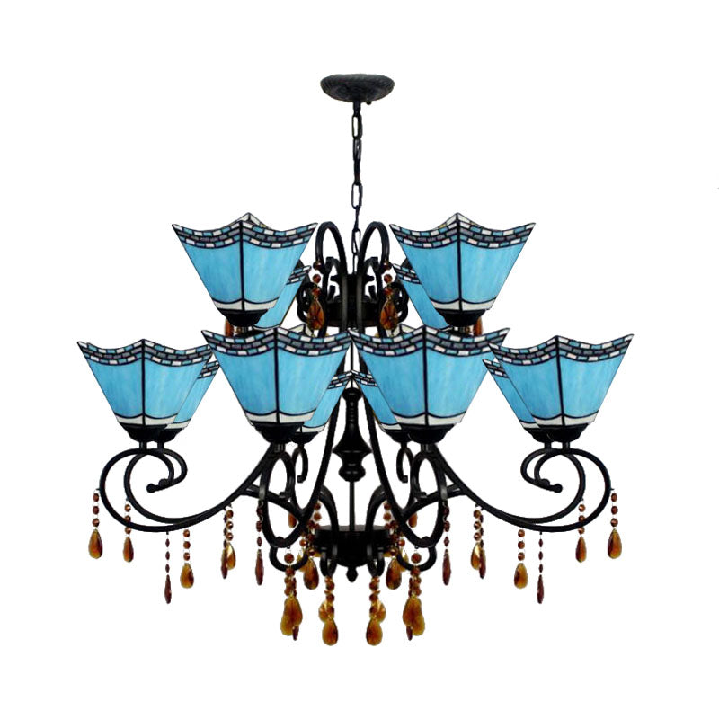 Geometric Stained Glass Chandelier with 12 Hanging Lights and Crystal Accent in Yellow/Blue/Sky Blue