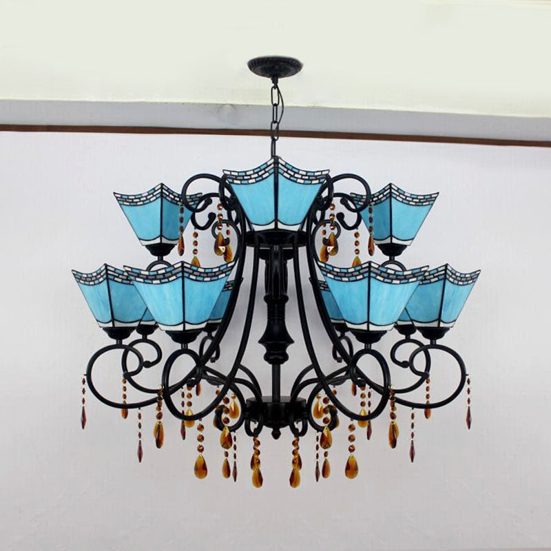 Geometric Stained Glass Chandelier with 12 Hanging Lights and Crystal Accent in Yellow/Blue/Sky Blue