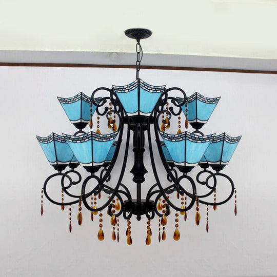 Geometric Chandelier Light Lodge - Stained Glass 12 Lights Crystal Accents Yellow/Blue/Sky Blue