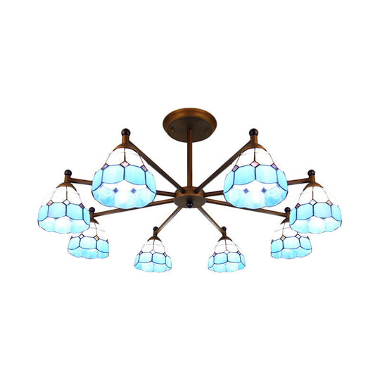 Rustic Stained Glass Dome Pendant Chandelier With 8 Lights For Bedroom Lighting - Red/Blue/Yellow