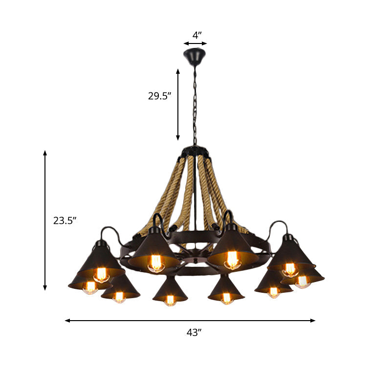 Lustre conique métallique de style ferme - Suspension à 6/8 lumières avec détails en corde, noir