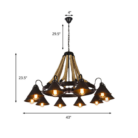 Lustre conique métallique de style ferme - Suspension à 6/8 lumières avec détails en corde, noir