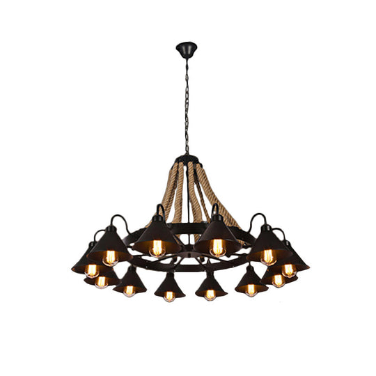 Lustre conique métallique de style ferme - Suspension à 6/8 lumières avec détails en corde, noir