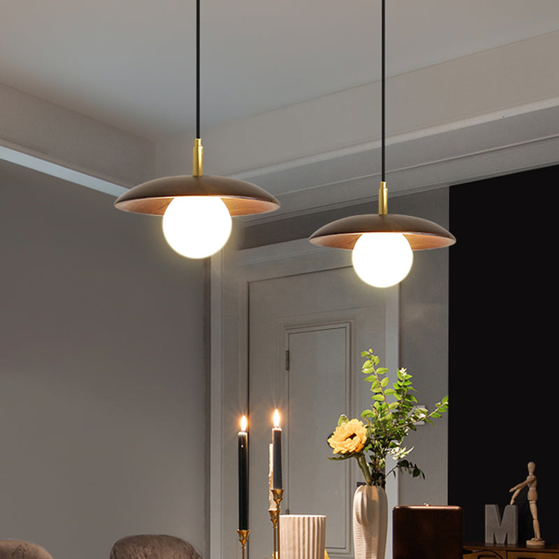 Modern White Glass Ball Suspension Lamp With Brown Wood Saucer Top