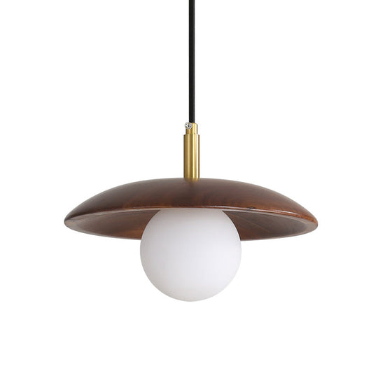 Modern White Glass Ball/Bun Suspension Lamp with Wood Saucer Top in Brown - 1-Light Down Lighting