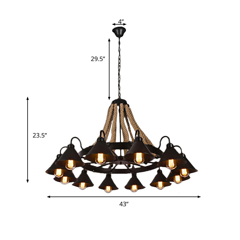 Lustre conique métallique de style ferme - Suspension à 6/8 lumières avec détails en corde, noir
