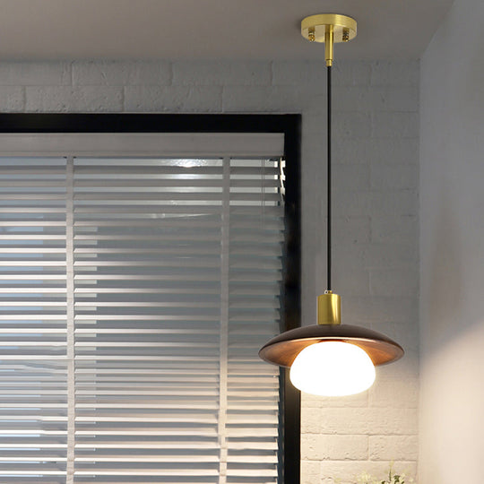 Modern White Glass Ball Suspension Lamp With Brown Wood Saucer Top / B