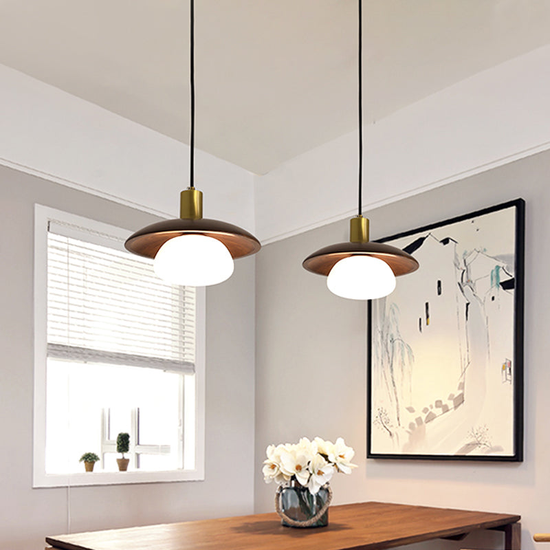 Modern White Glass Ball Suspension Lamp With Brown Wood Saucer Top