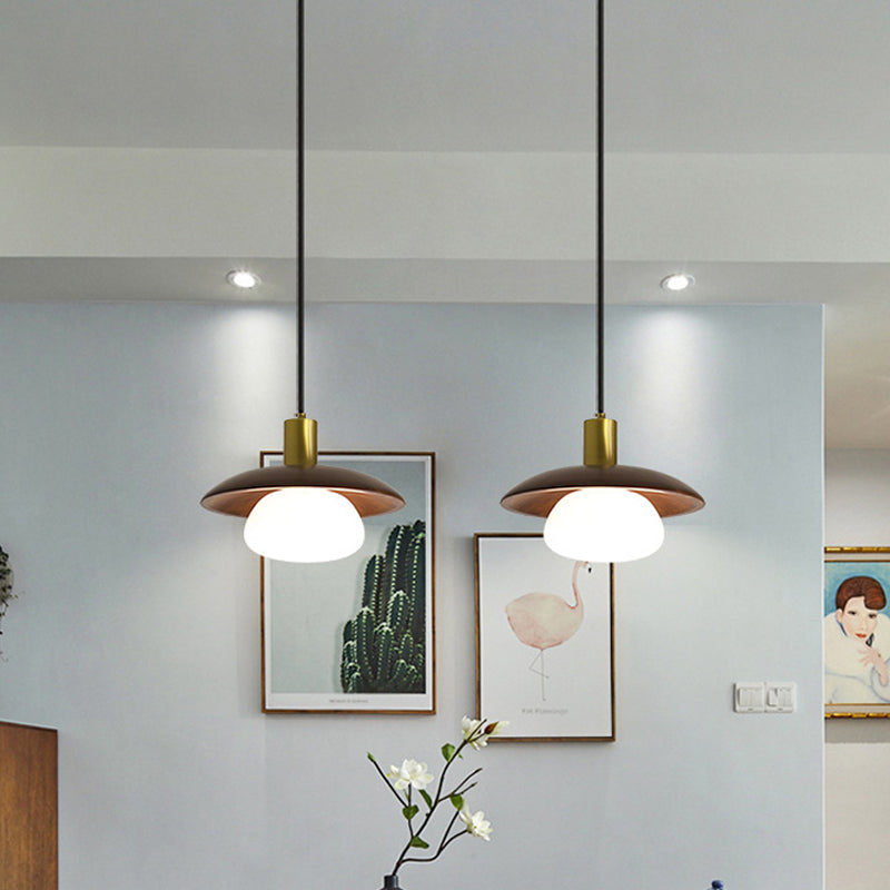 Modern White Glass Ball Suspension Lamp With Brown Wood Saucer Top