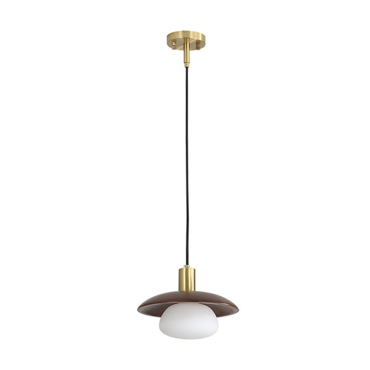Modern White Glass Ball Suspension Lamp With Brown Wood Saucer Top