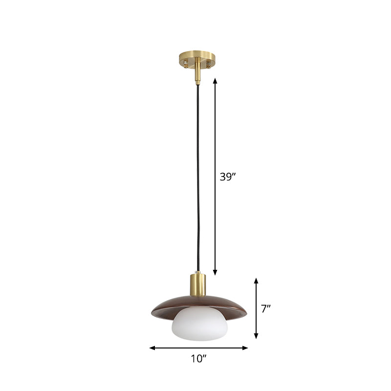 Modern White Glass Ball Suspension Lamp With Brown Wood Saucer Top