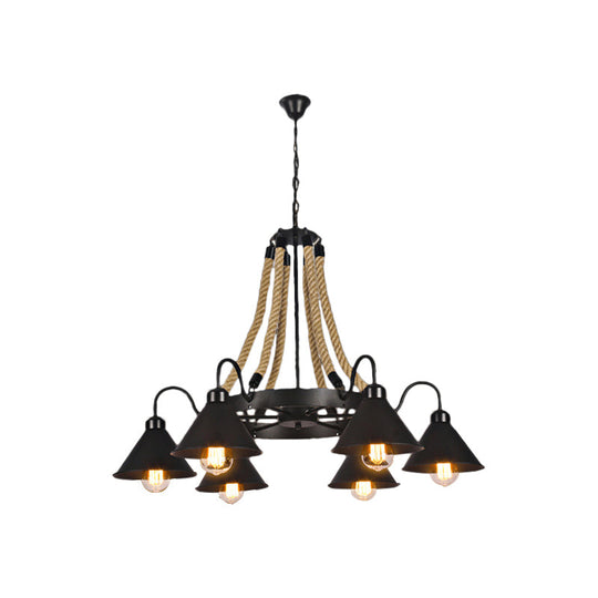 Lustre conique métallique de style ferme - Suspension à 6/8 lumières avec détails en corde, noir