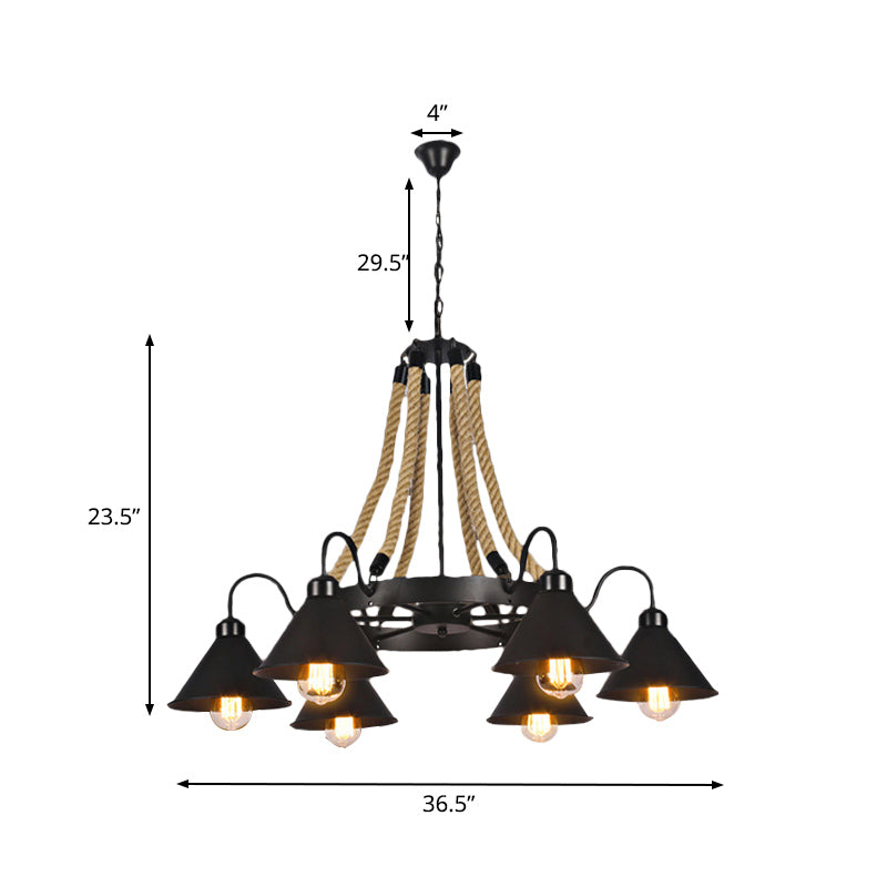 Lustre conique métallique de style ferme - Suspension à 6/8 lumières avec détails en corde, noir
