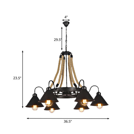 Lustre conique métallique de style ferme - Suspension à 6/8 lumières avec détails en corde, noir