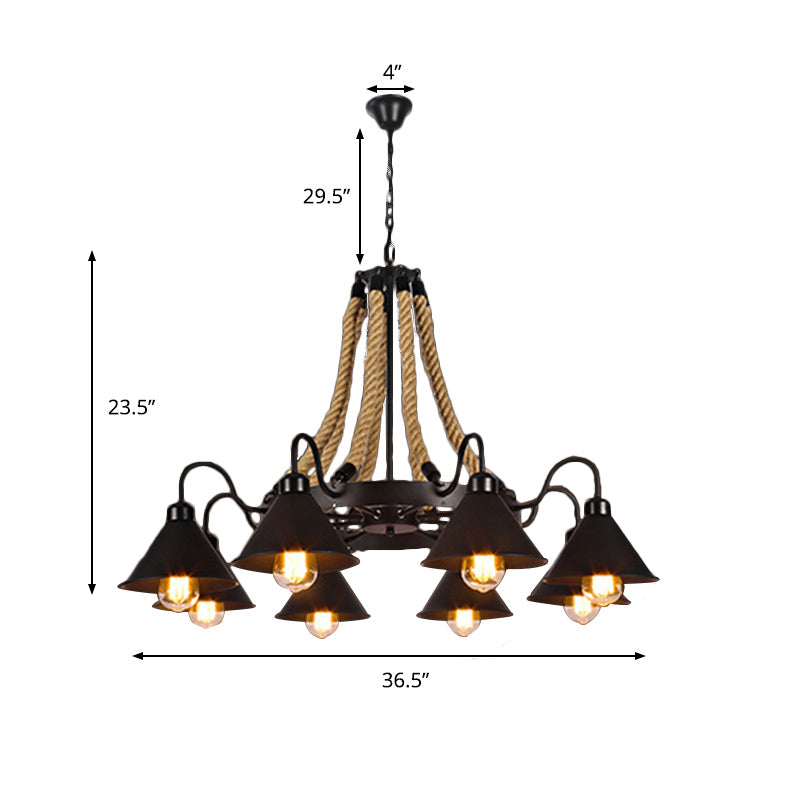Lustre conique métallique de style ferme - Suspension à 6/8 lumières avec détails en corde, noir