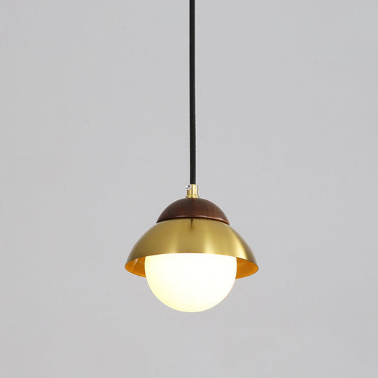 Minimalist Dome Pendant Ceiling Light with 1 Bulb and Global White Glass Shade in Brass