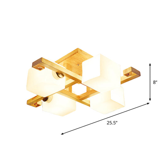 Modernist Beige Cubic Ceiling Lamp With Opaline Glass Shade - Semi Flush Mount 4/5 Heads