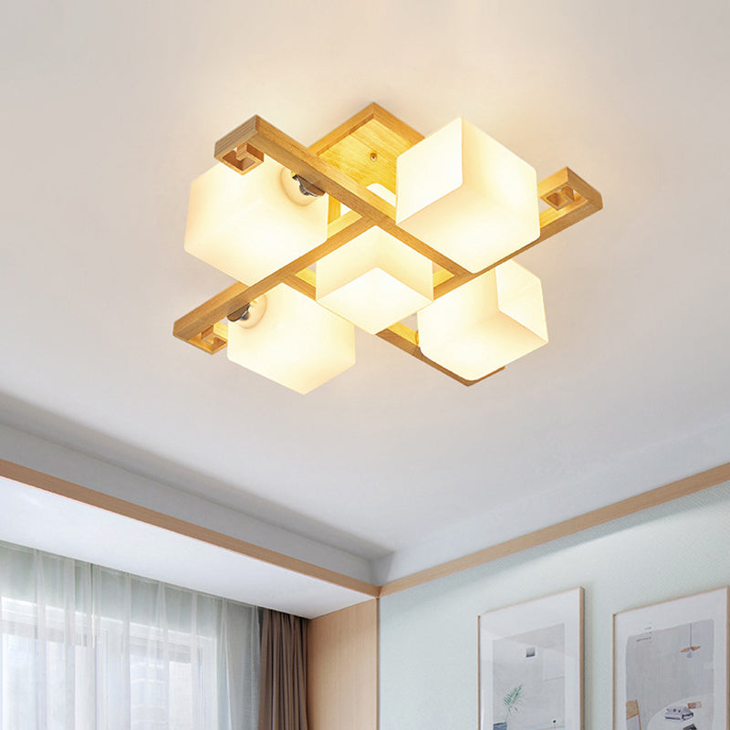 Modernist Beige Cubic Ceiling Lamp With Opaline Glass Shade - Semi Flush Mount 4/5 Heads