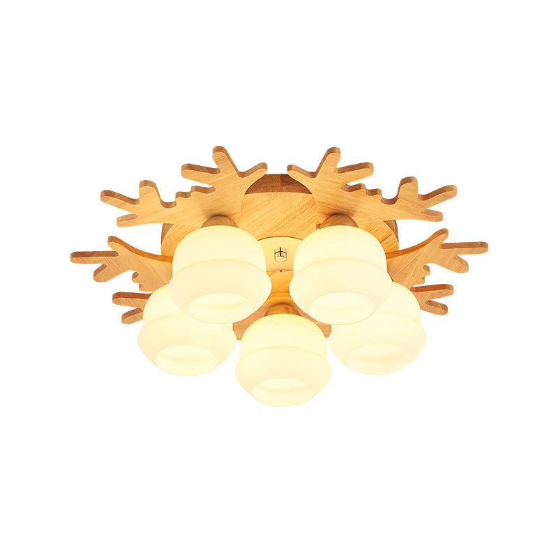 Modern Flush Ceiling Lamp with Wood Antler Design - White Glass Jar Fixture, 5/7 Bulbs, Beige Mount