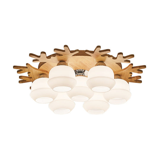 Modern Flush Ceiling Lamp with Wood Antler Design - White Glass Jar Fixture, 5/7 Bulbs, Beige Mount