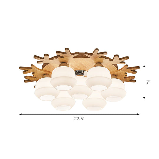 Modern Flush Ceiling Lamp with Wood Antler Design - White Glass Jar Fixture, 5/7 Bulbs, Beige Mount