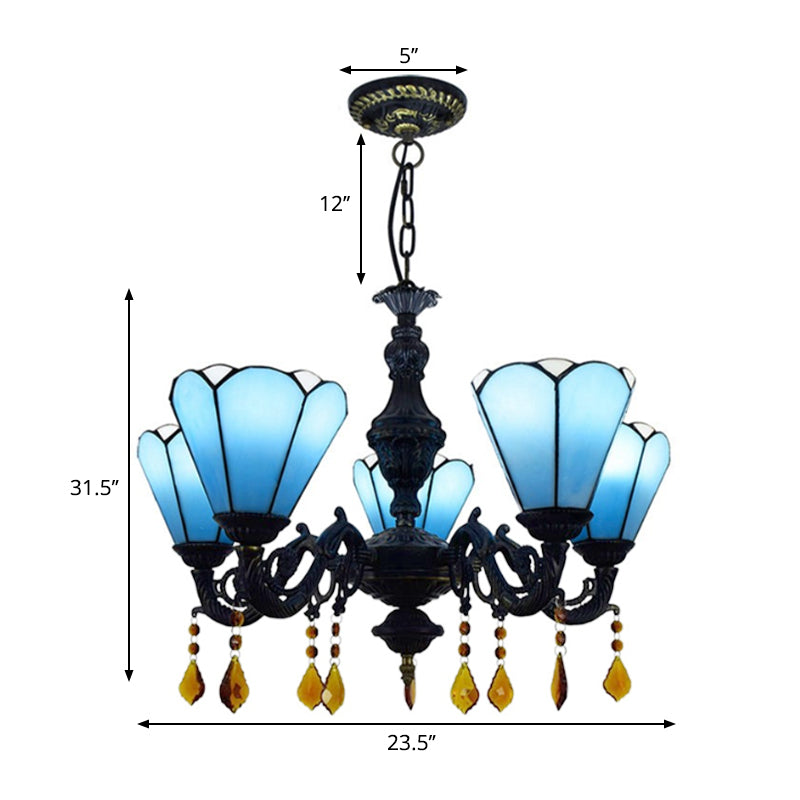 Blue Stained Glass Tiffany Style Cone-Shaped Chandelier With Decorative Crystal 5 Lights Hanging