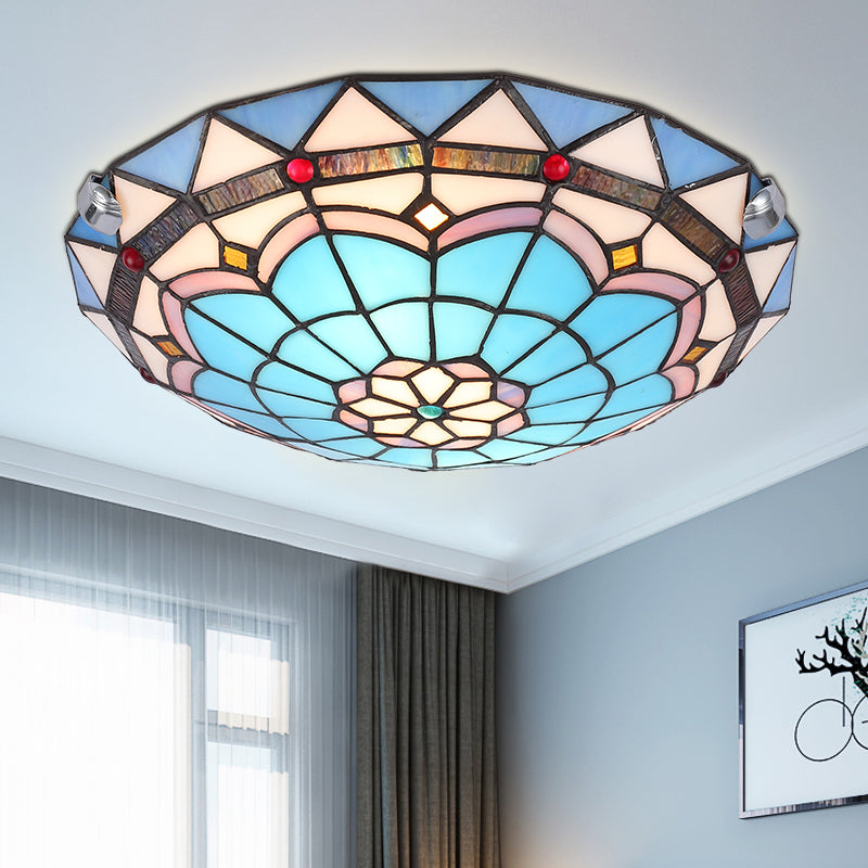 Baroque Bowl Flush Mount Stained Glass Ceiling Light in Blue/Blue-Brown - 12"/16"/19.5" Wide