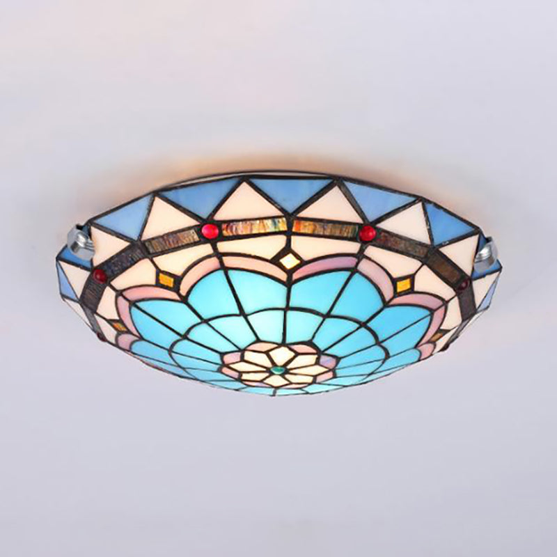 Baroque Bowl Flush Mount Stained Glass Ceiling Light in Blue/Blue-Brown - 12"/16"/19.5" Wide