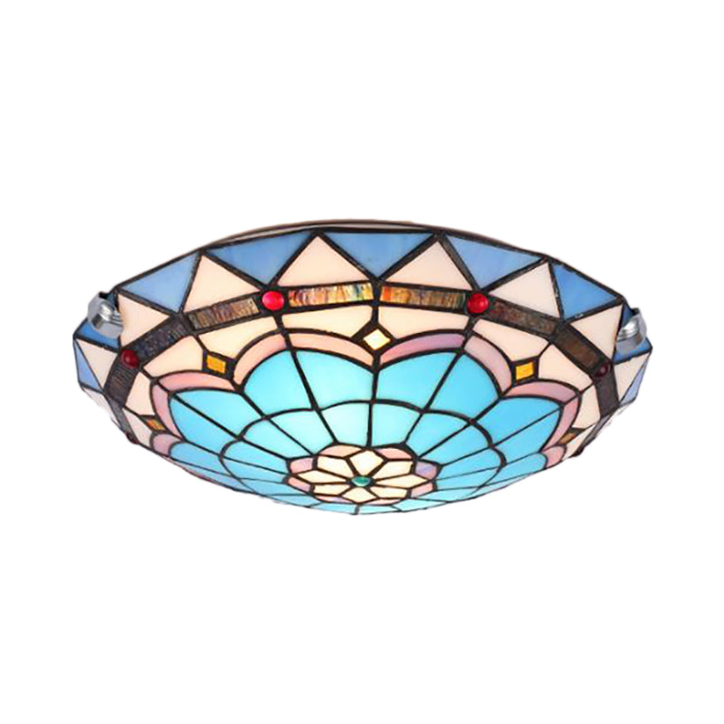 Baroque Bowl Flush Mount Stained Glass Ceiling Light in Blue/Blue-Brown - 12"/16"/19.5" Wide